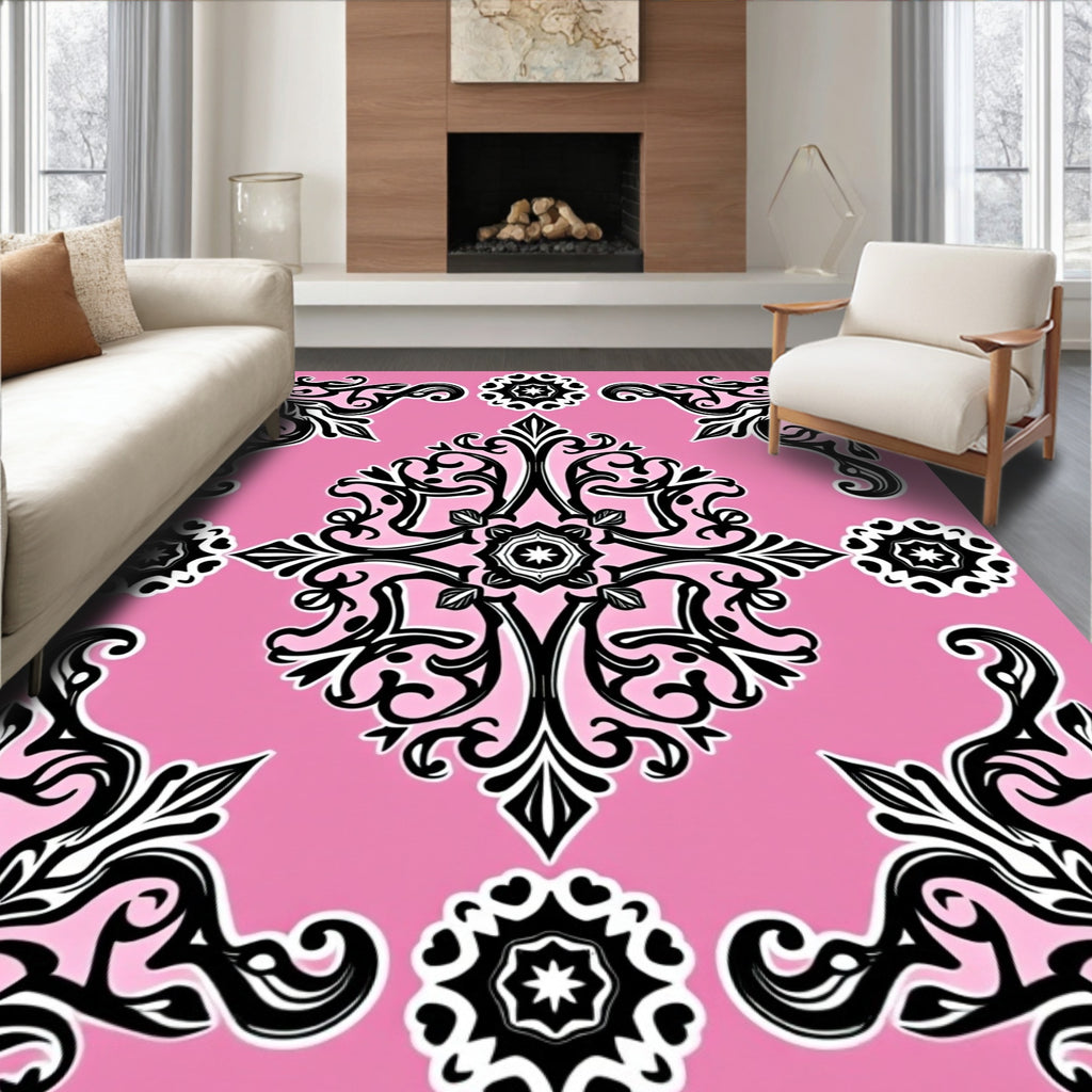 Pink Floral Medallion Scrollwork Rug