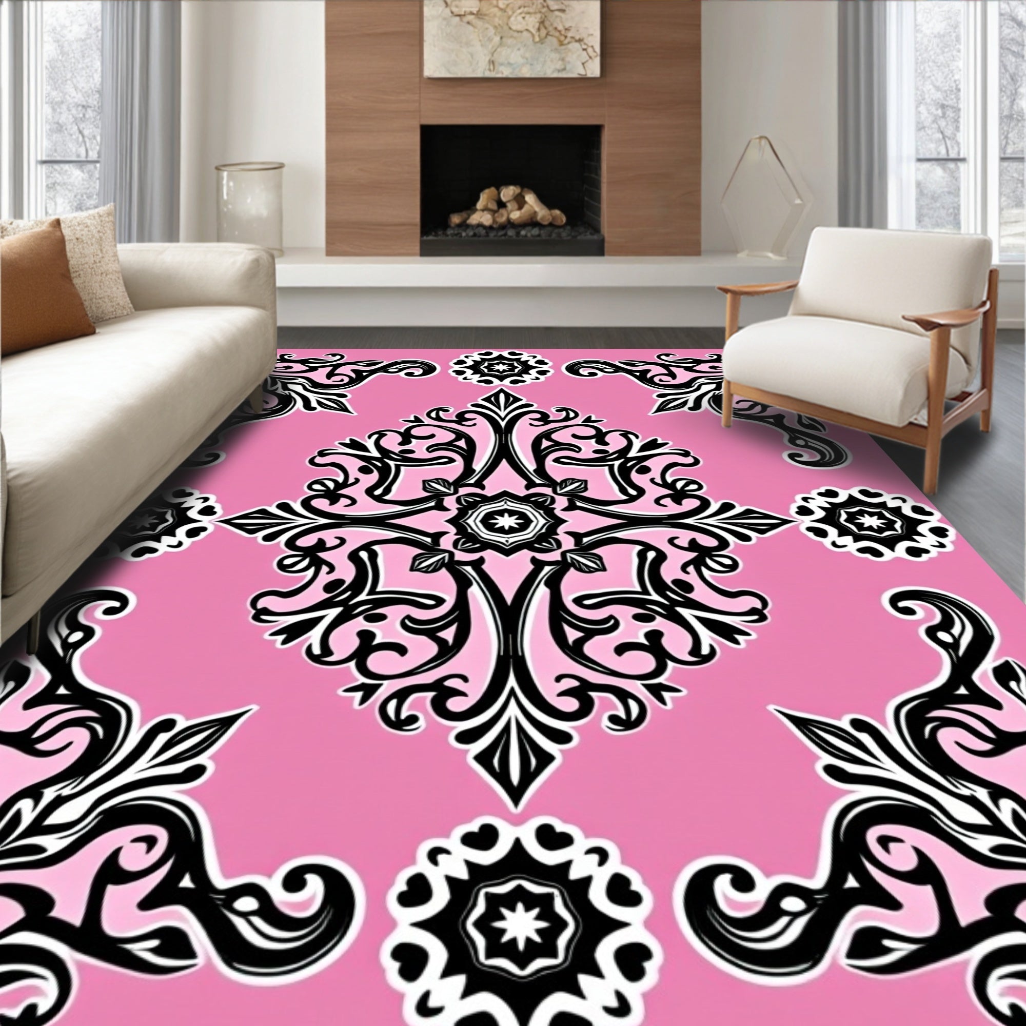 Pink Floral Medallion Scrollwork Rug