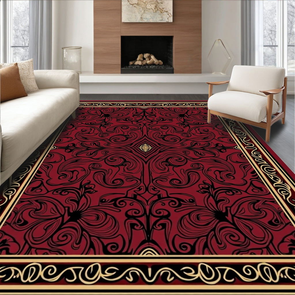 Rich Red Black Gold Scrollwork Rug