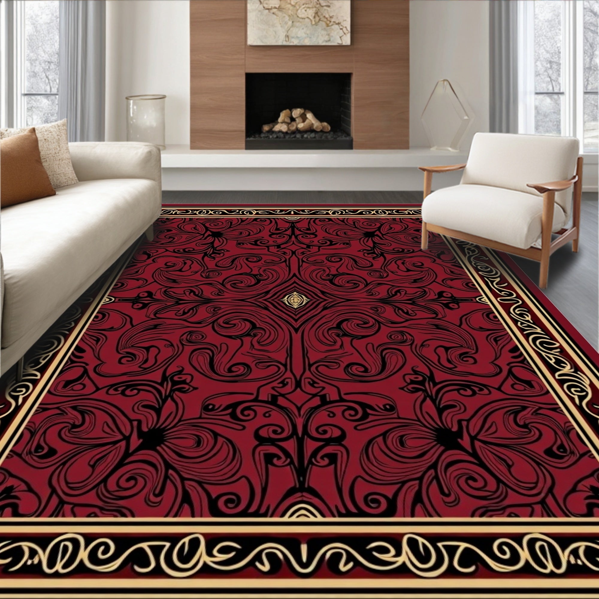 Rich Red Black Gold Scrollwork Rug