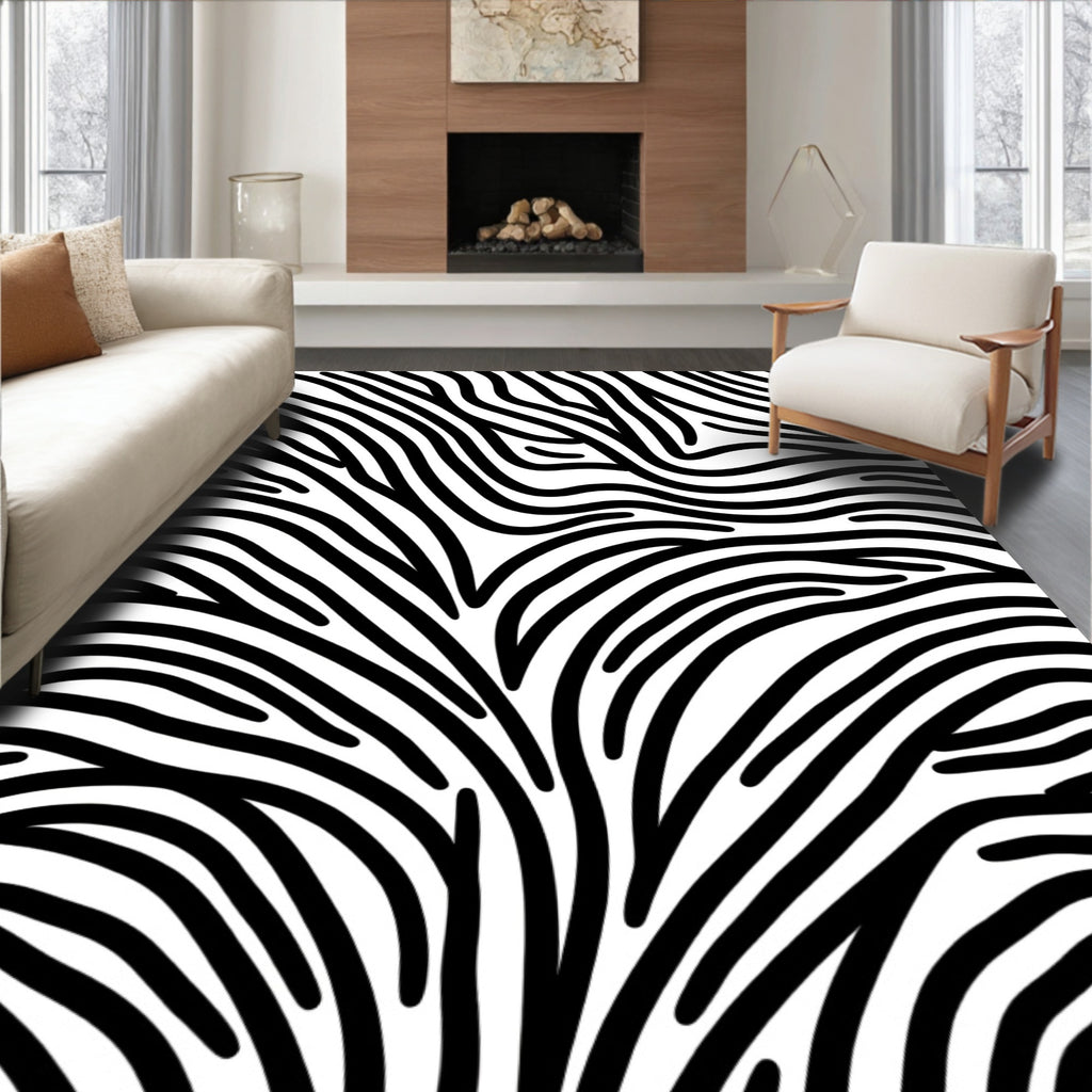 Bold Black White Wavy Stripes Rug