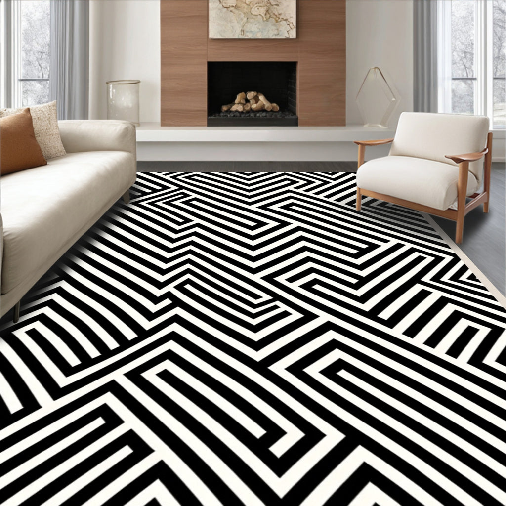 Bold Black White Maze Pattern Rug