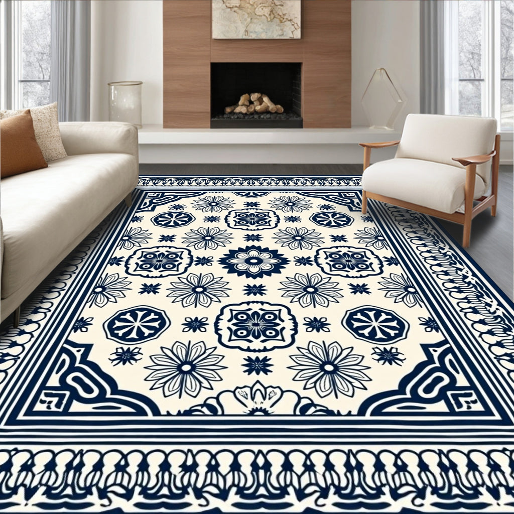 Classic Floral Medallion Dark Blue Design Rug