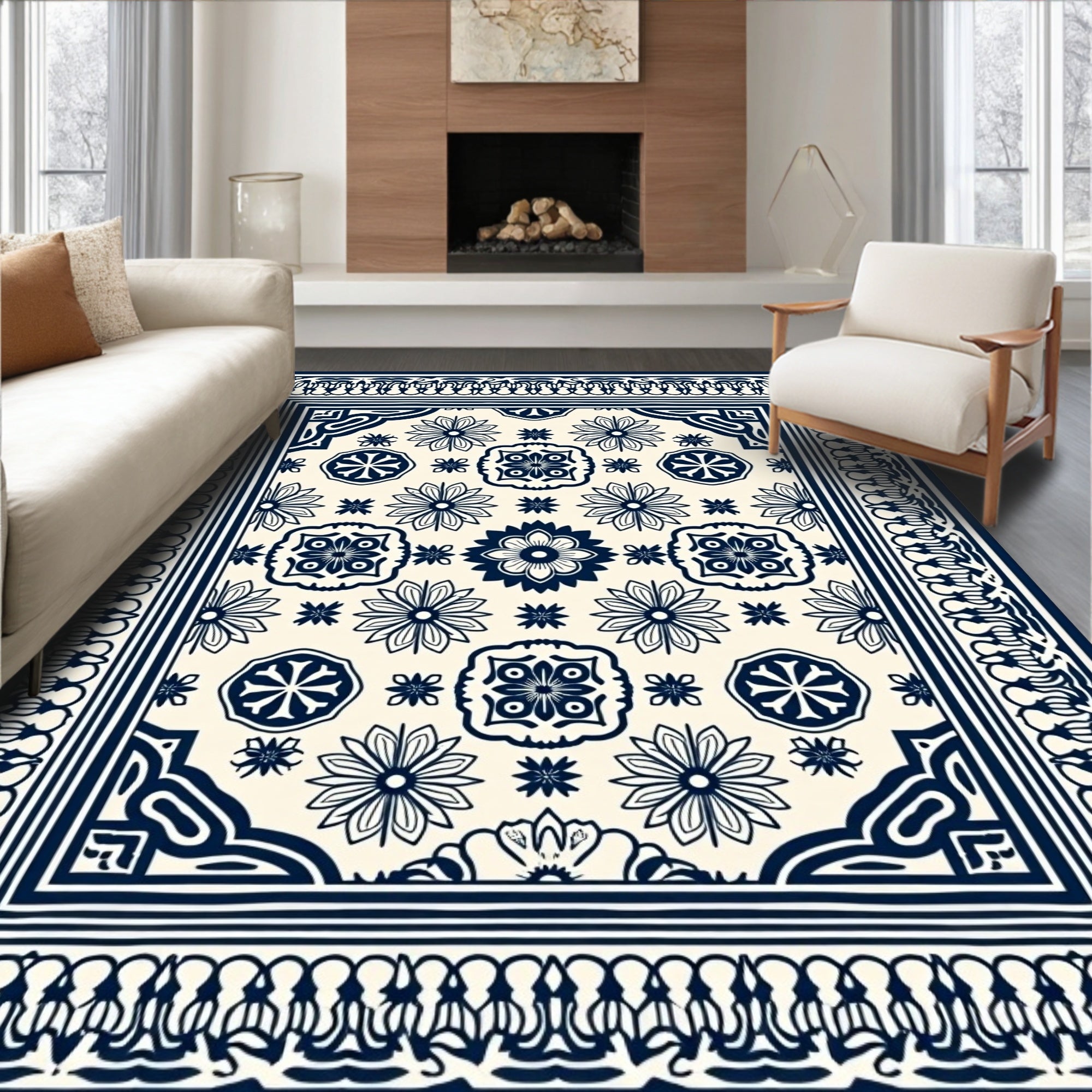 Classic Floral Medallion Dark Blue Design Rug