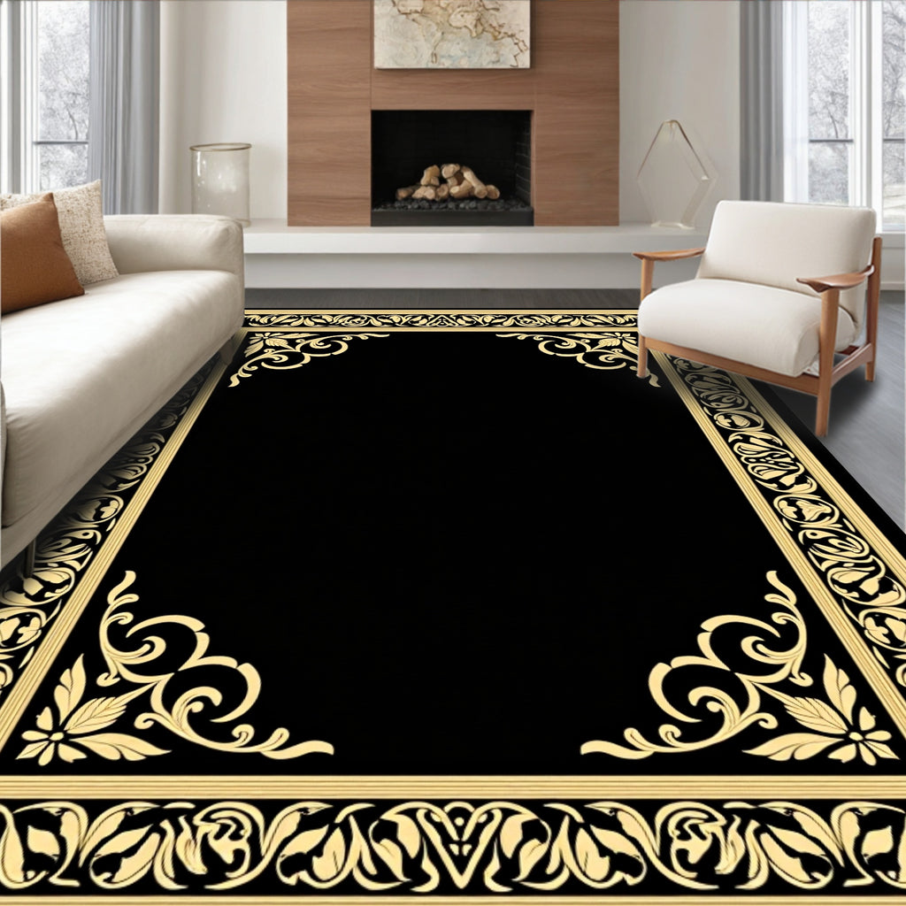 Black Gold Floral Ornate Border Rug
