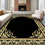 Black Gold Floral Ornate Border Rug