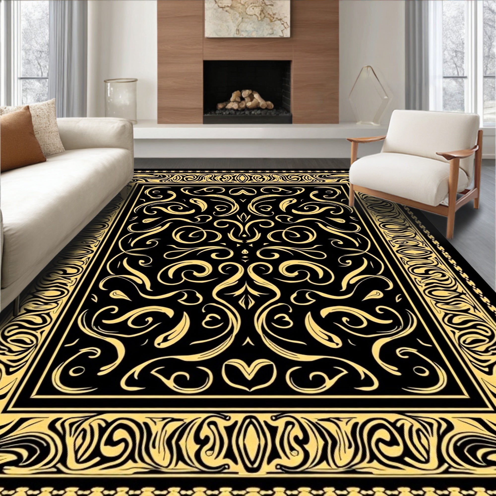 Ornate Abstract Golden Swirl Pattern Rug