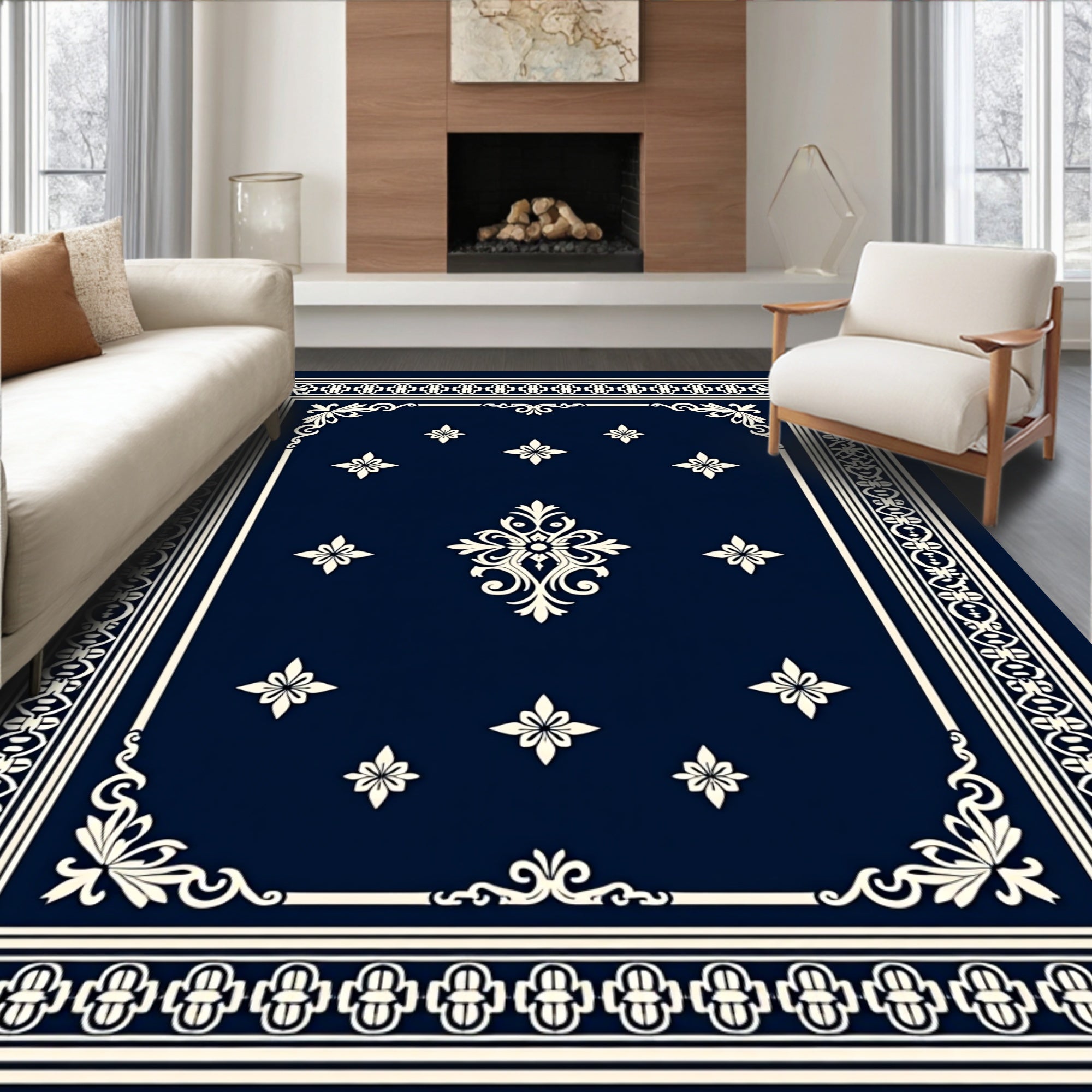 Ornate Floral Scrolls Border Design Rug