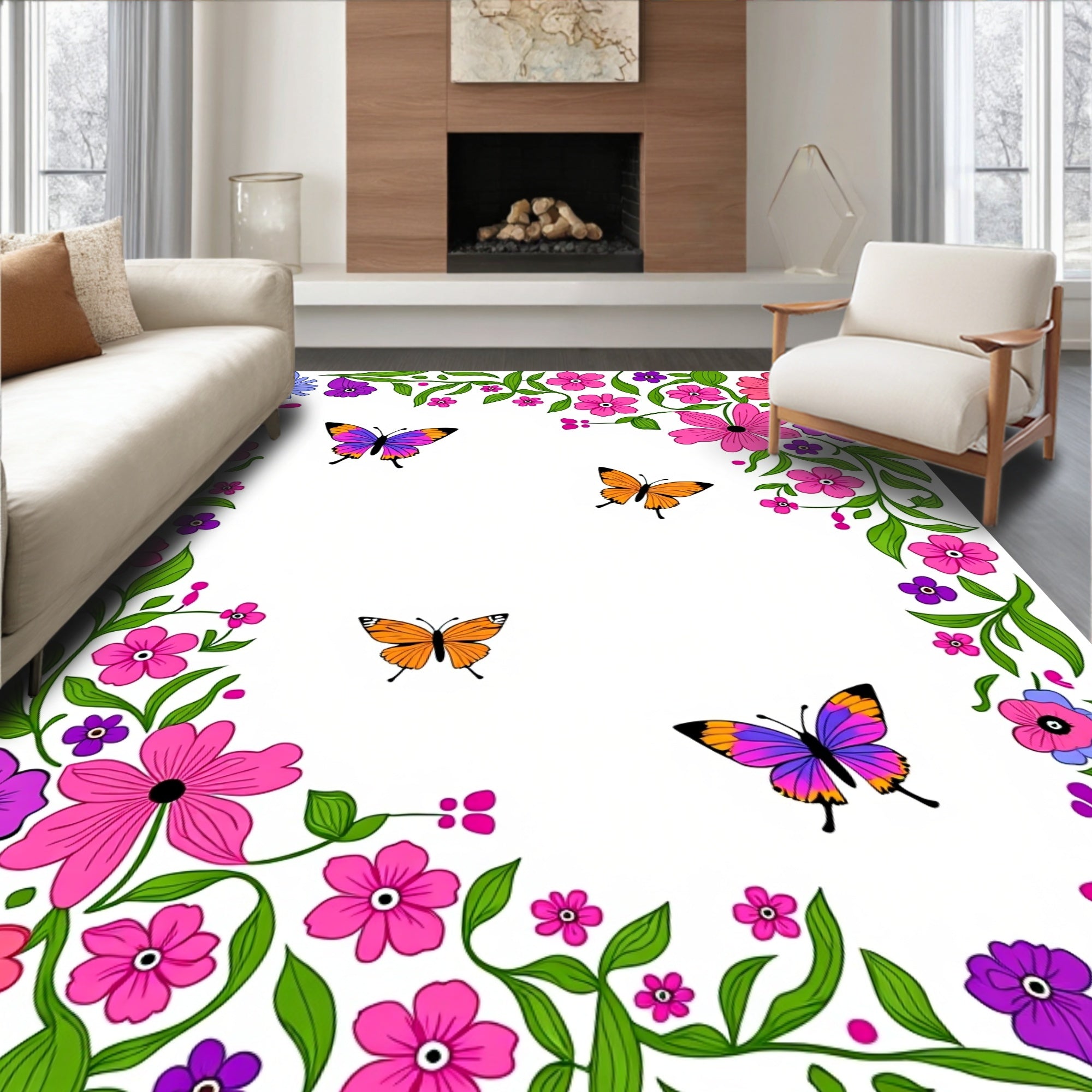 Whimsical Floral Butterfly Pattern Design Rug