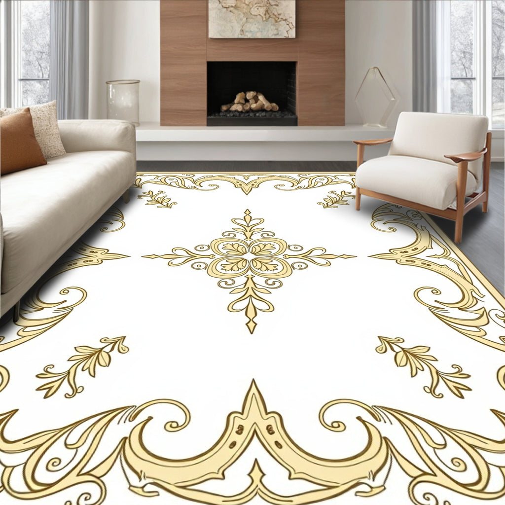 Elegant Golden Floral Scroll Border Rug