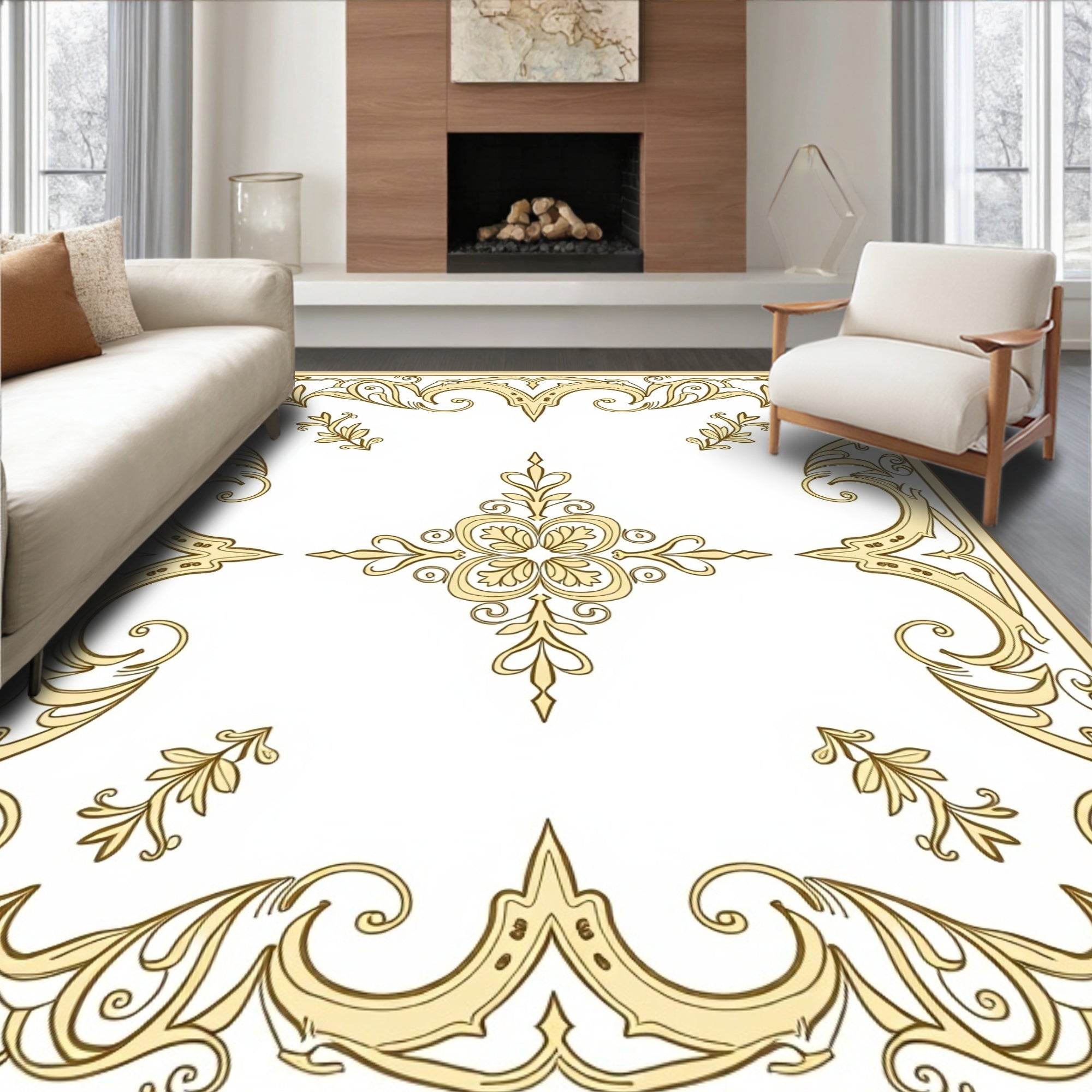 Elegant Golden Floral Scroll Border Rug