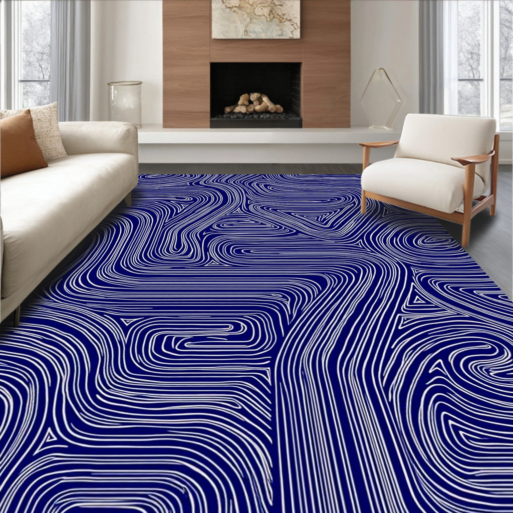 Abstract Navy White Flowing Lines Rug