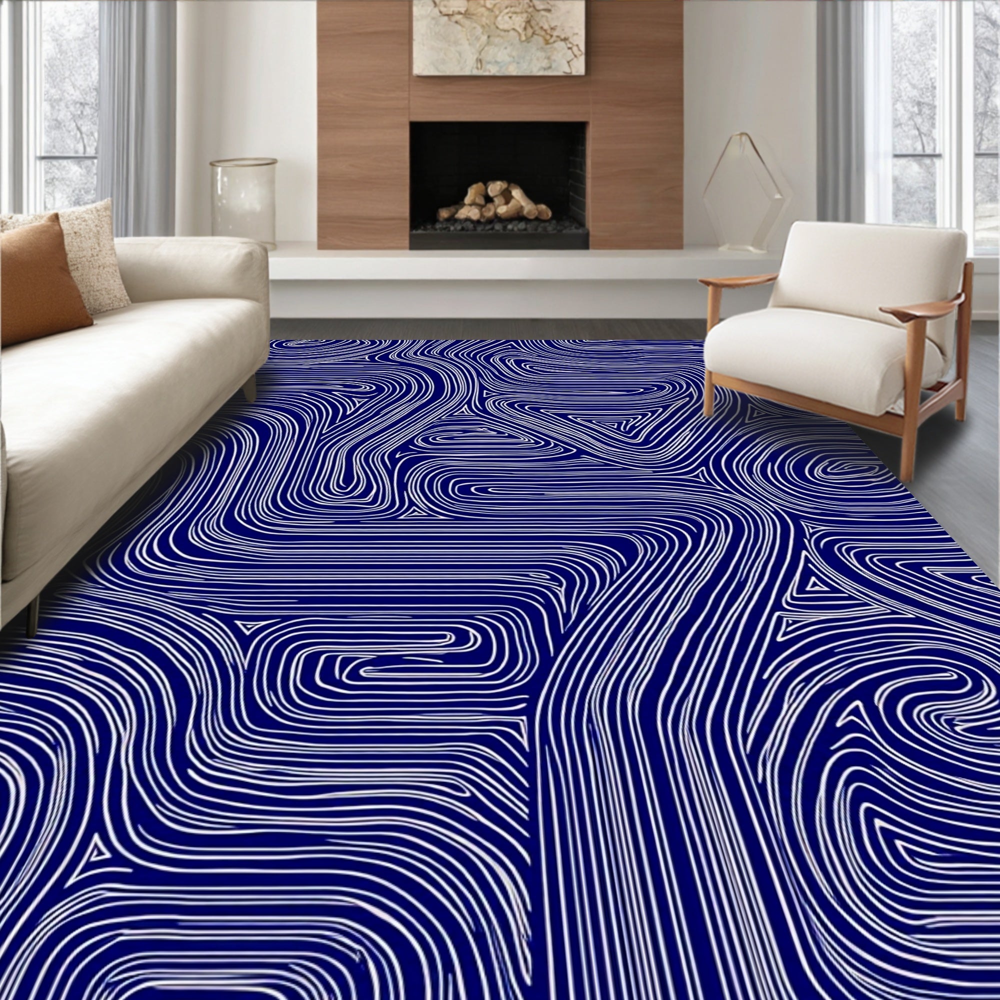 Abstract Navy White Flowing Lines Rug