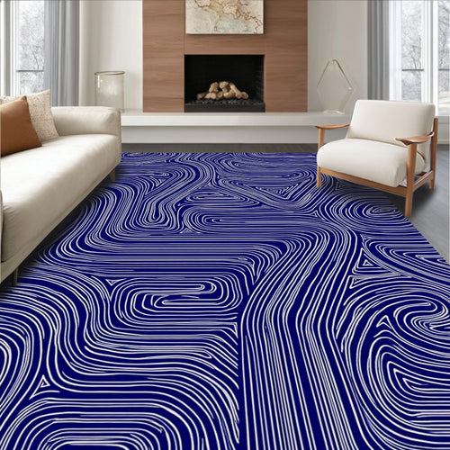 Abstract Navy White Flowing Lines Rug