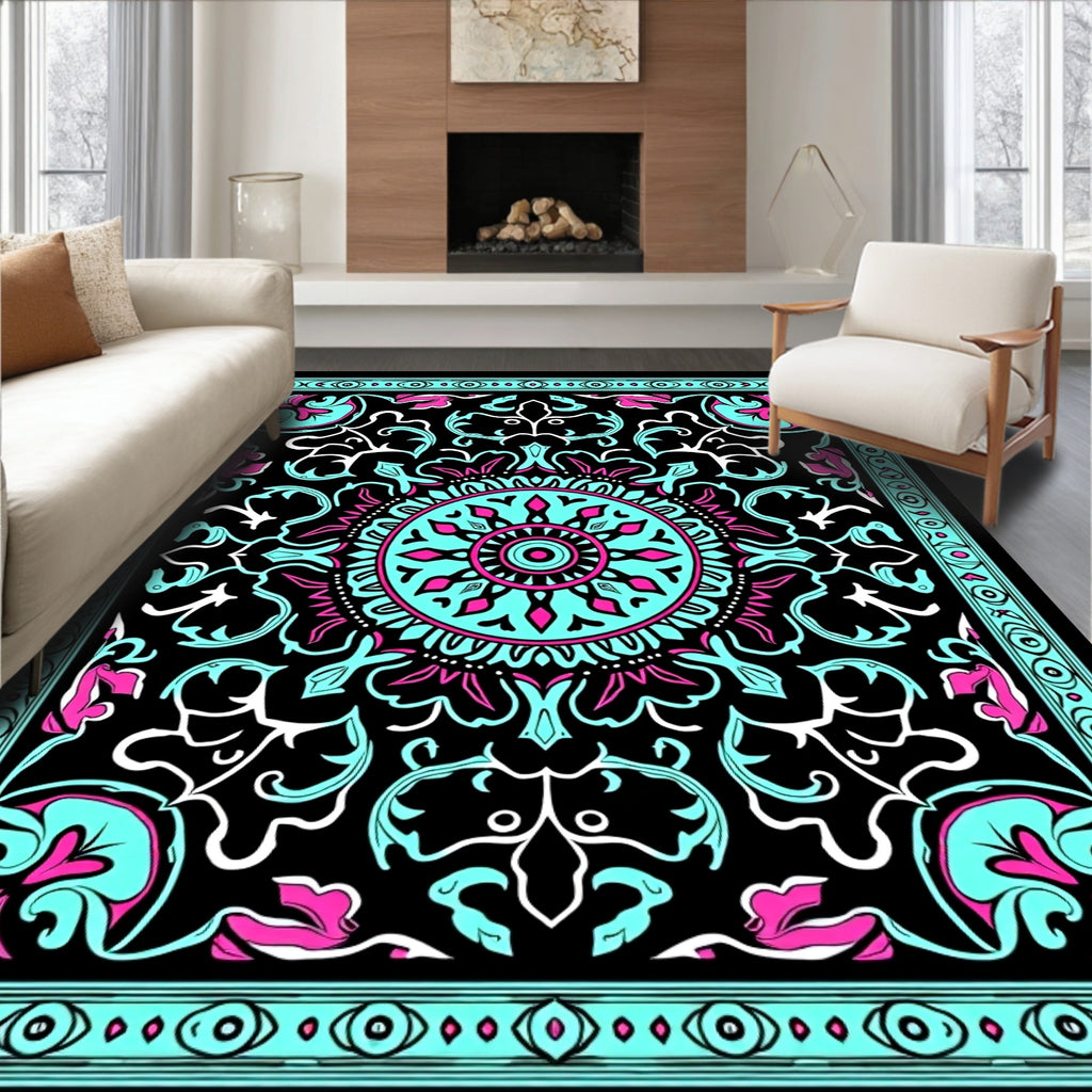 Bold Teal Pink Mandala Floral Pattern Rug