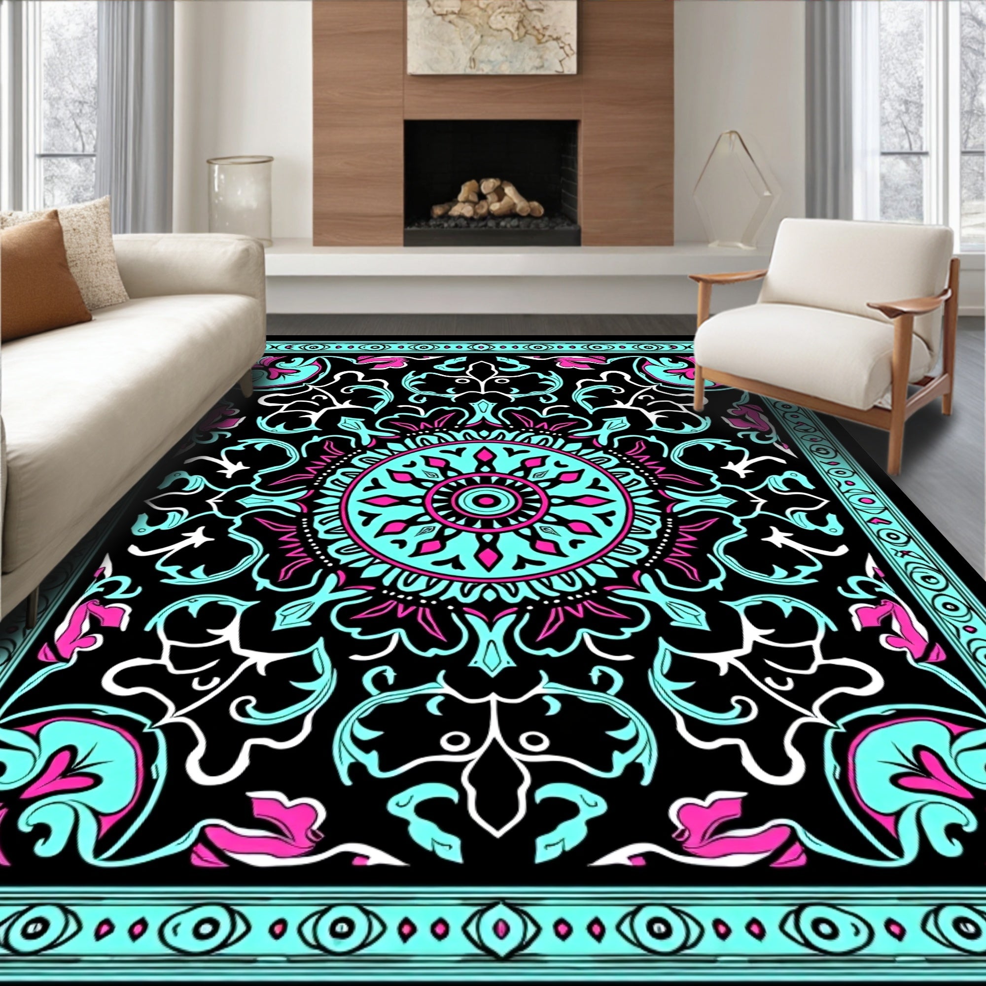 Bold Teal Pink Mandala Floral Pattern Rug