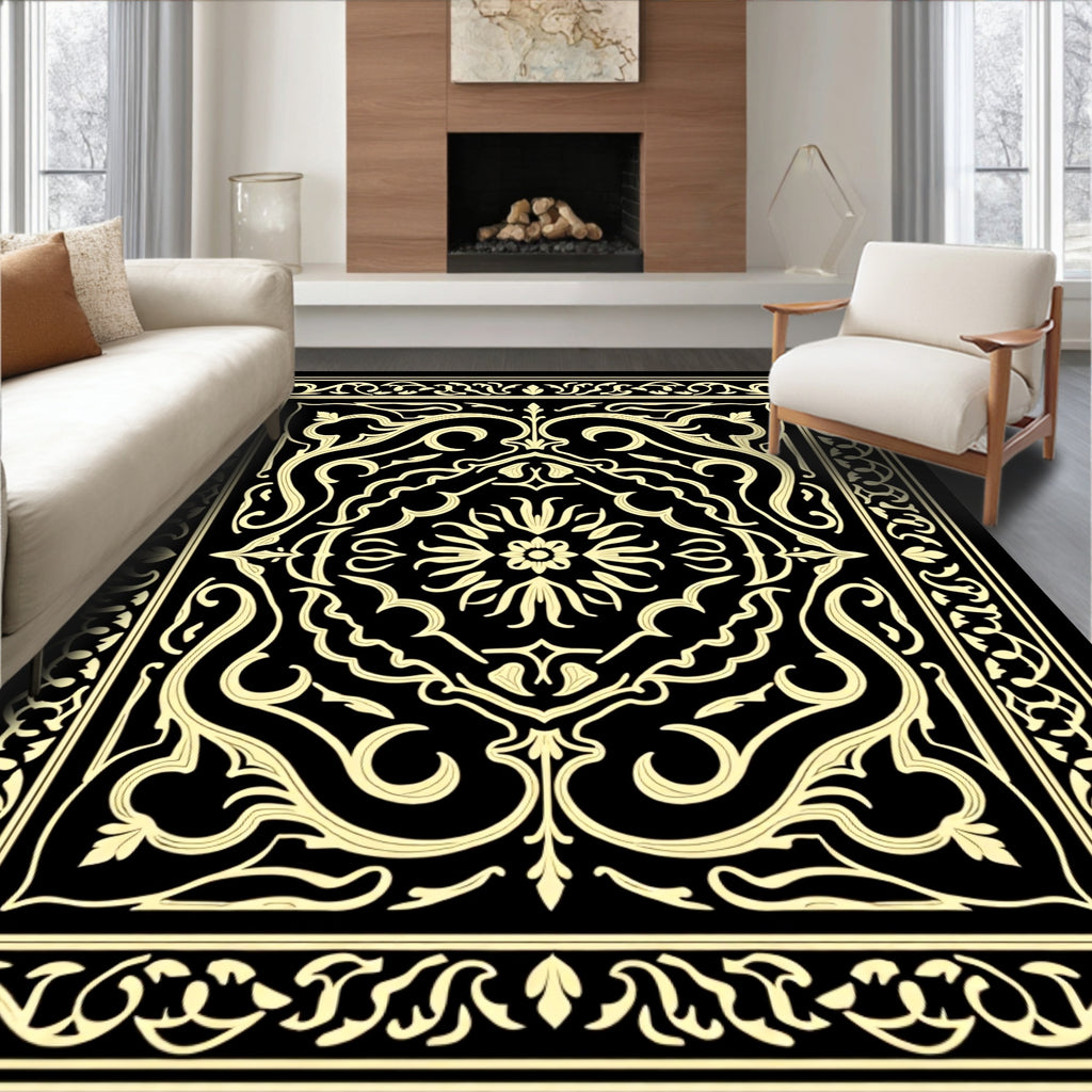 Elegant Black Beige Floral Pattern Rug