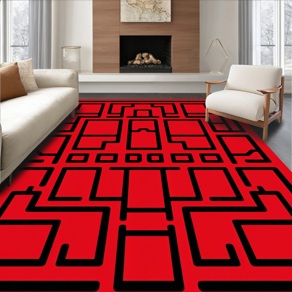 Bold Red Geometric Maze Design Rug