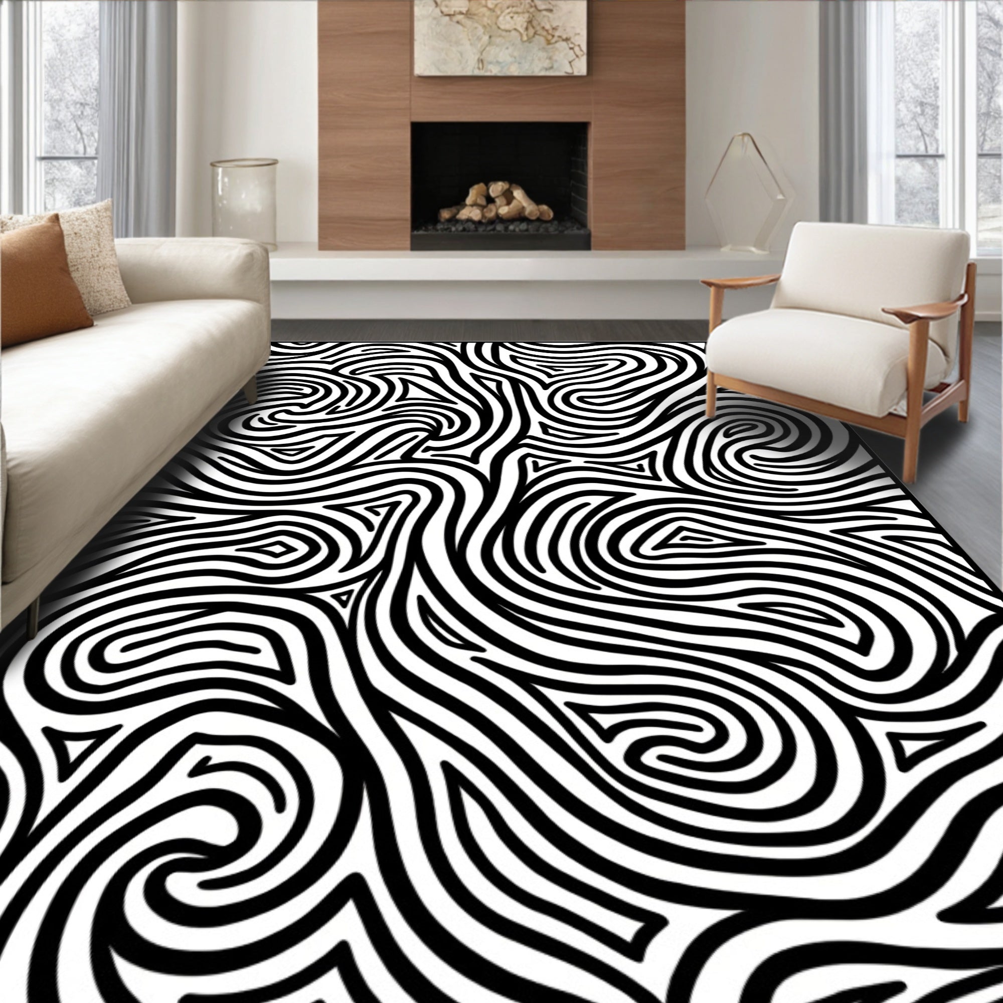 Bold Black White Swirl Pattern Rug