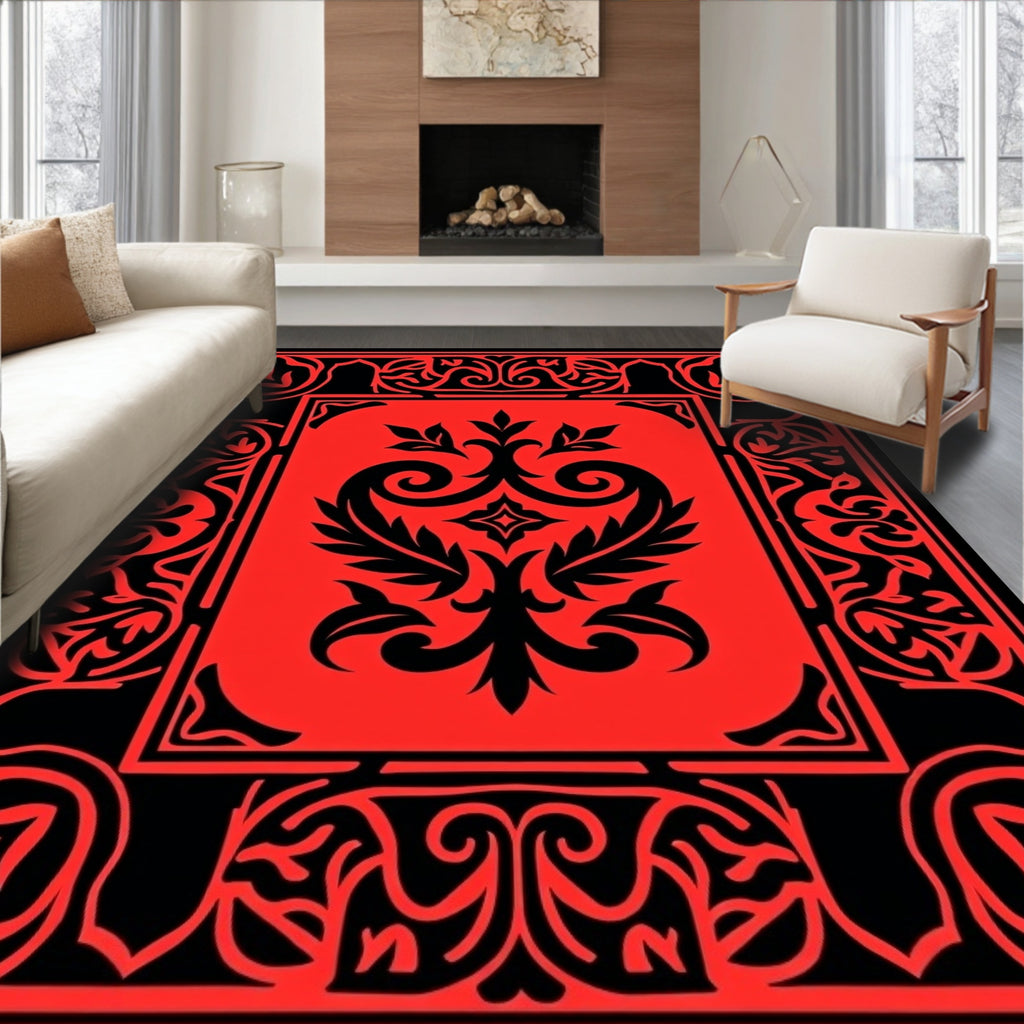 Vibrant Red Black Floral Scroll Rug