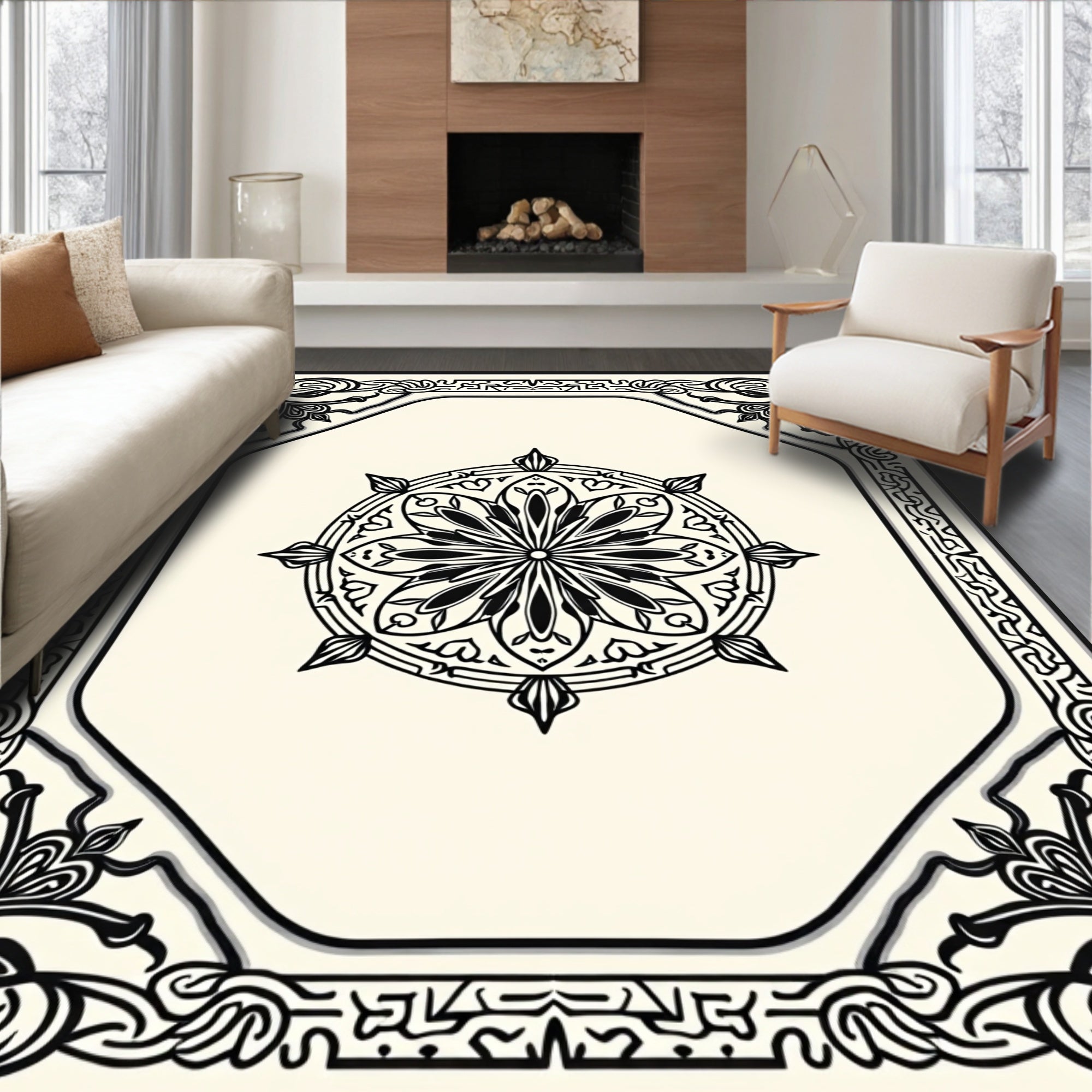 Classic Mandala Bordered Floral Design Rug