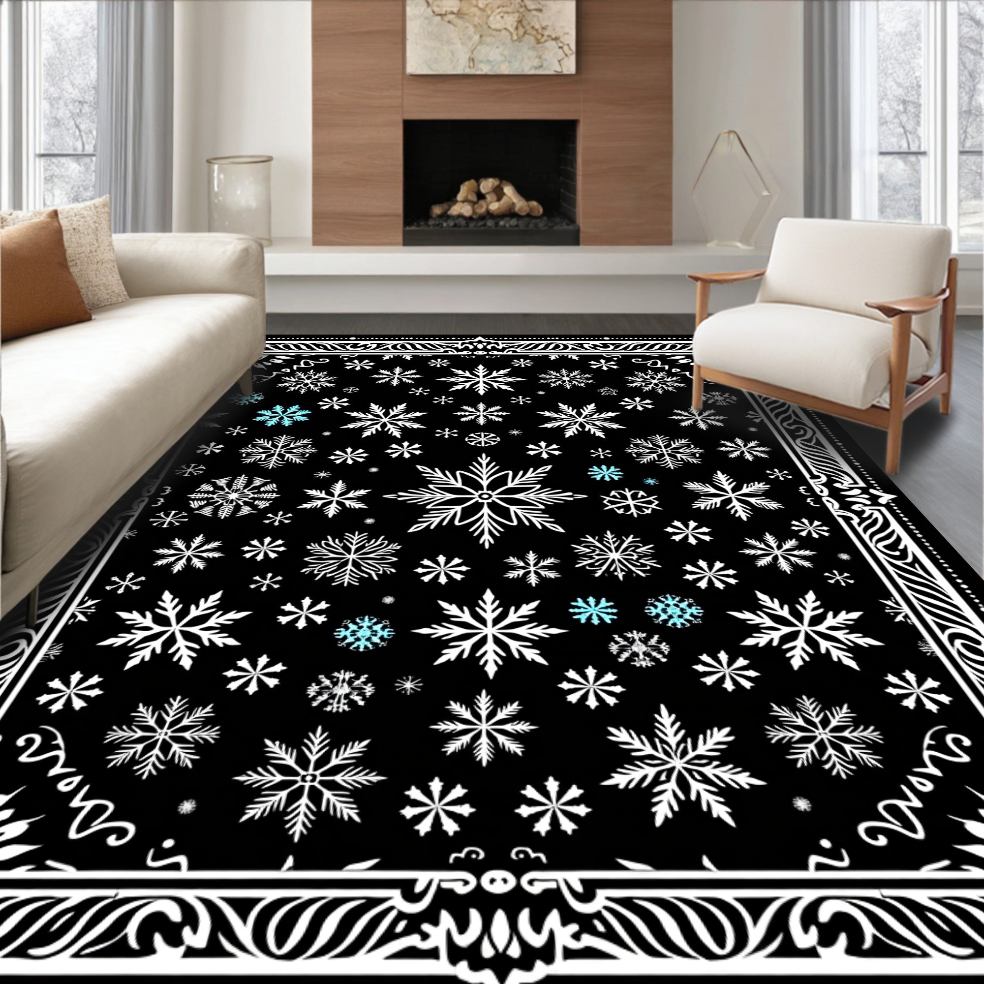 Winter Snowflake Patterned Black Rug