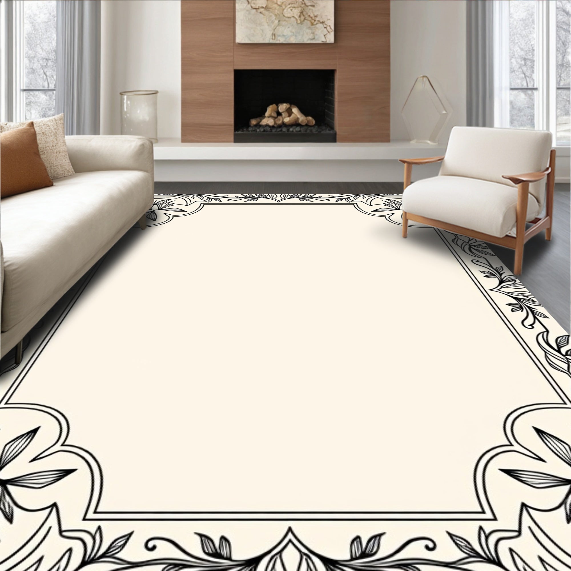 Black Outline Floral Border Rug