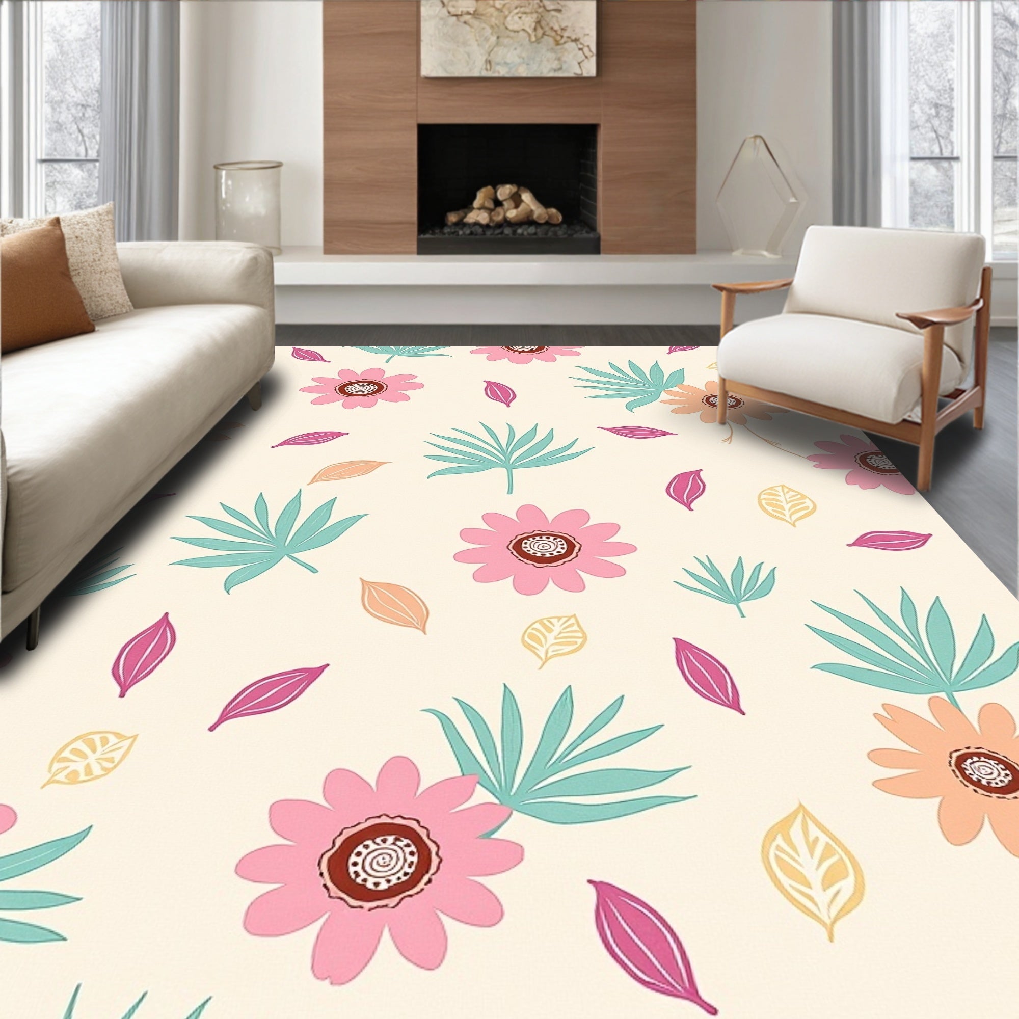 Whimsical Floral Palm Leaf Pattern Rug