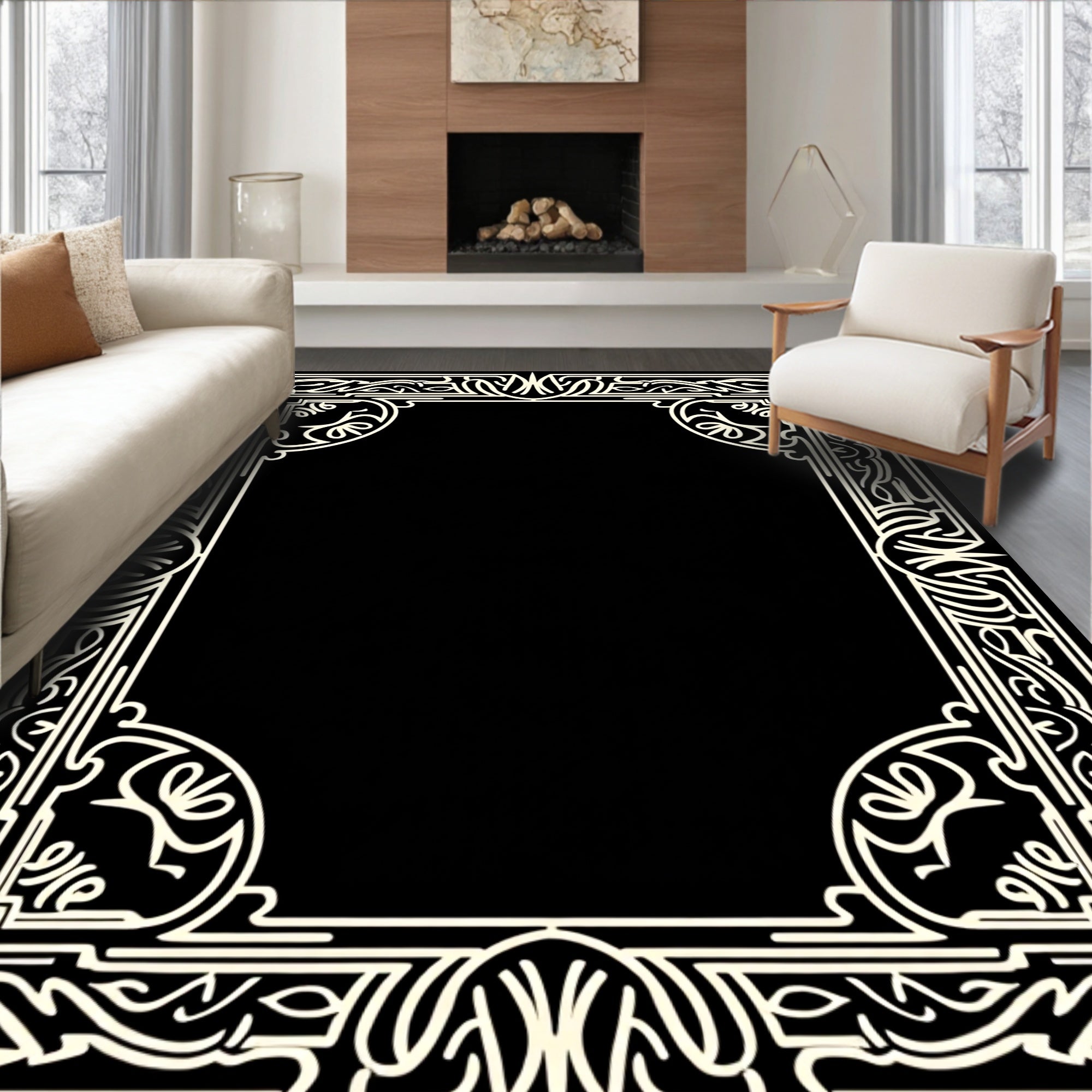 Ornate Ivory Art Nouveau Scroll Frame Rug