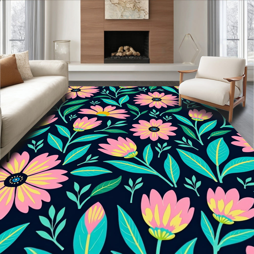 Whimsical Pink Yellow Floral Garden Design Rug