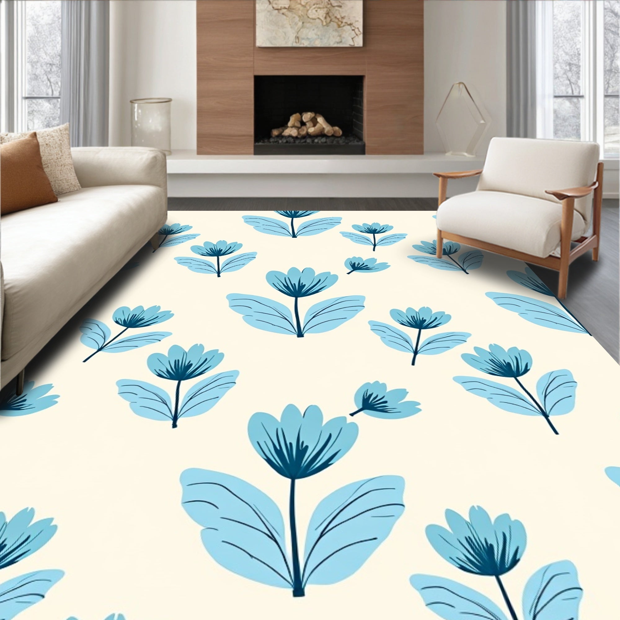 Simple Blue Floral Pattern Rug
