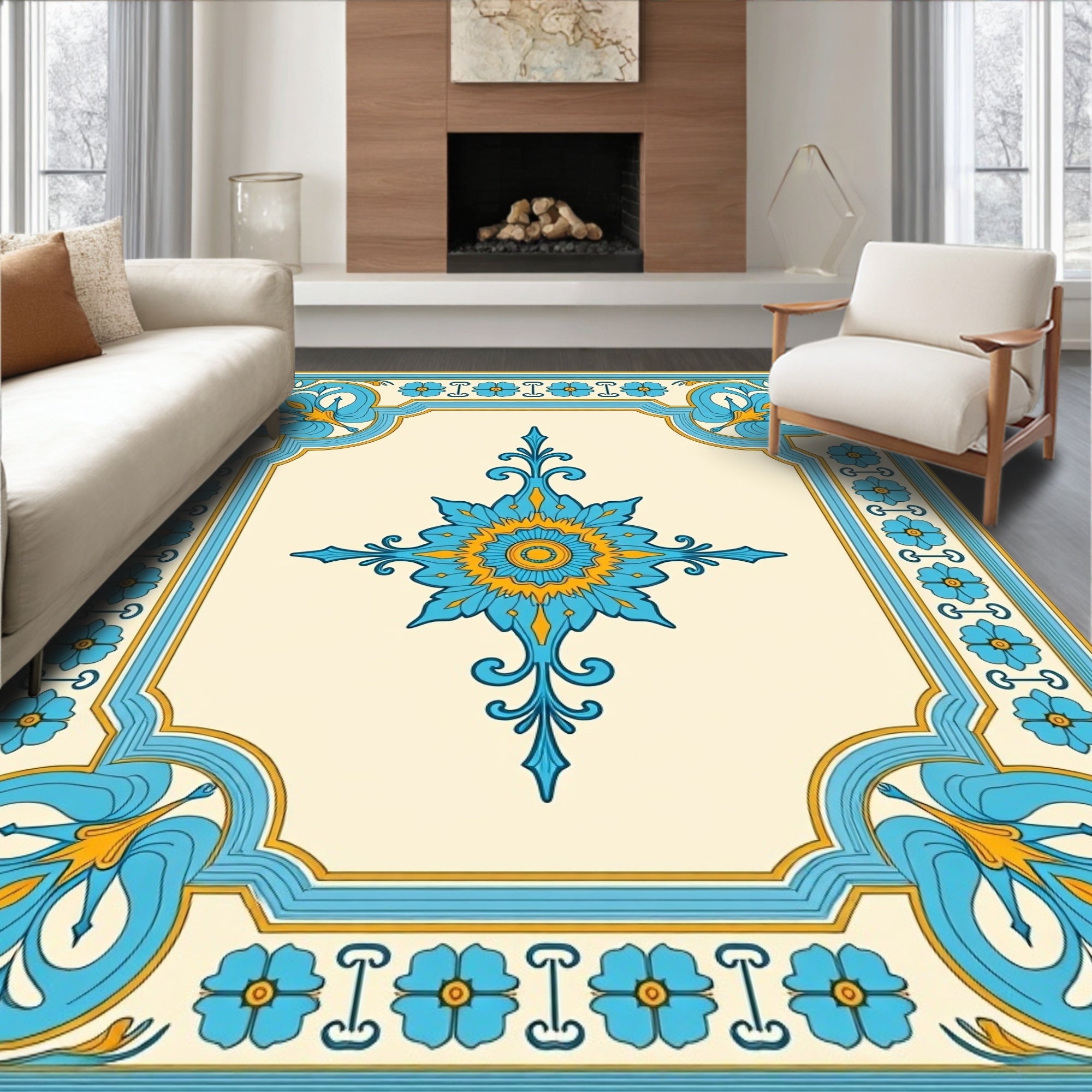 Azure Floral Patterned Medallion Rug