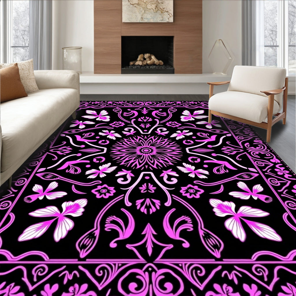 Vibrant Pink Floral Butterfly Border Rug