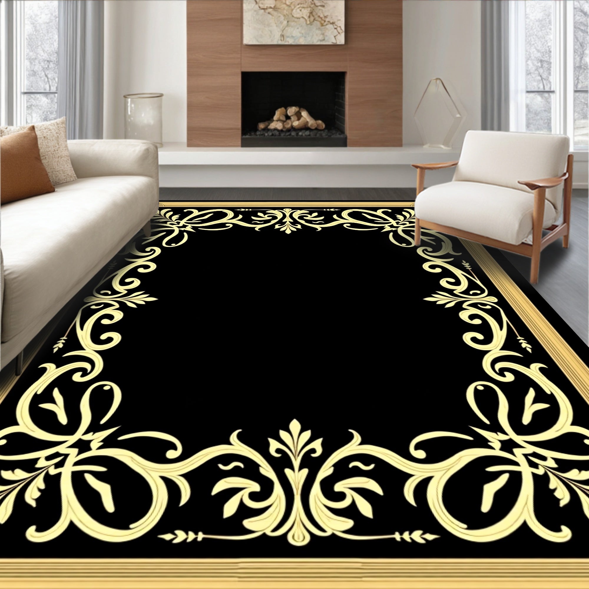 Ornate Floral Scrollwork Gold Accent Rug