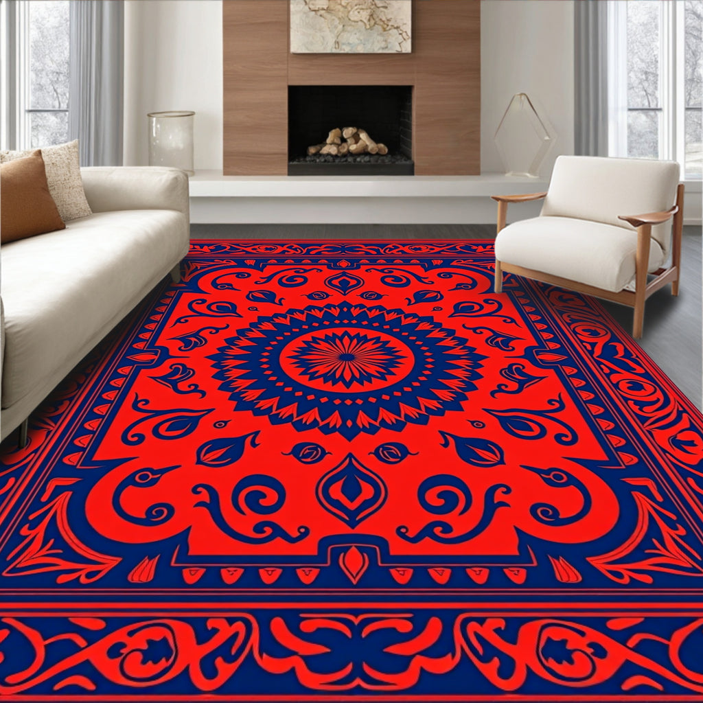 Bold Red Mandala And Scroll Pattern Rug