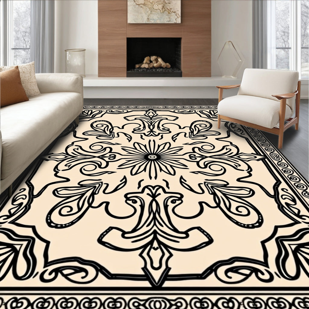 Ornate Black Cream Floral Pattern Rug