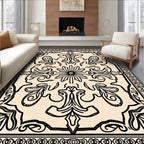 Ornate Black Cream Floral Pattern Rug