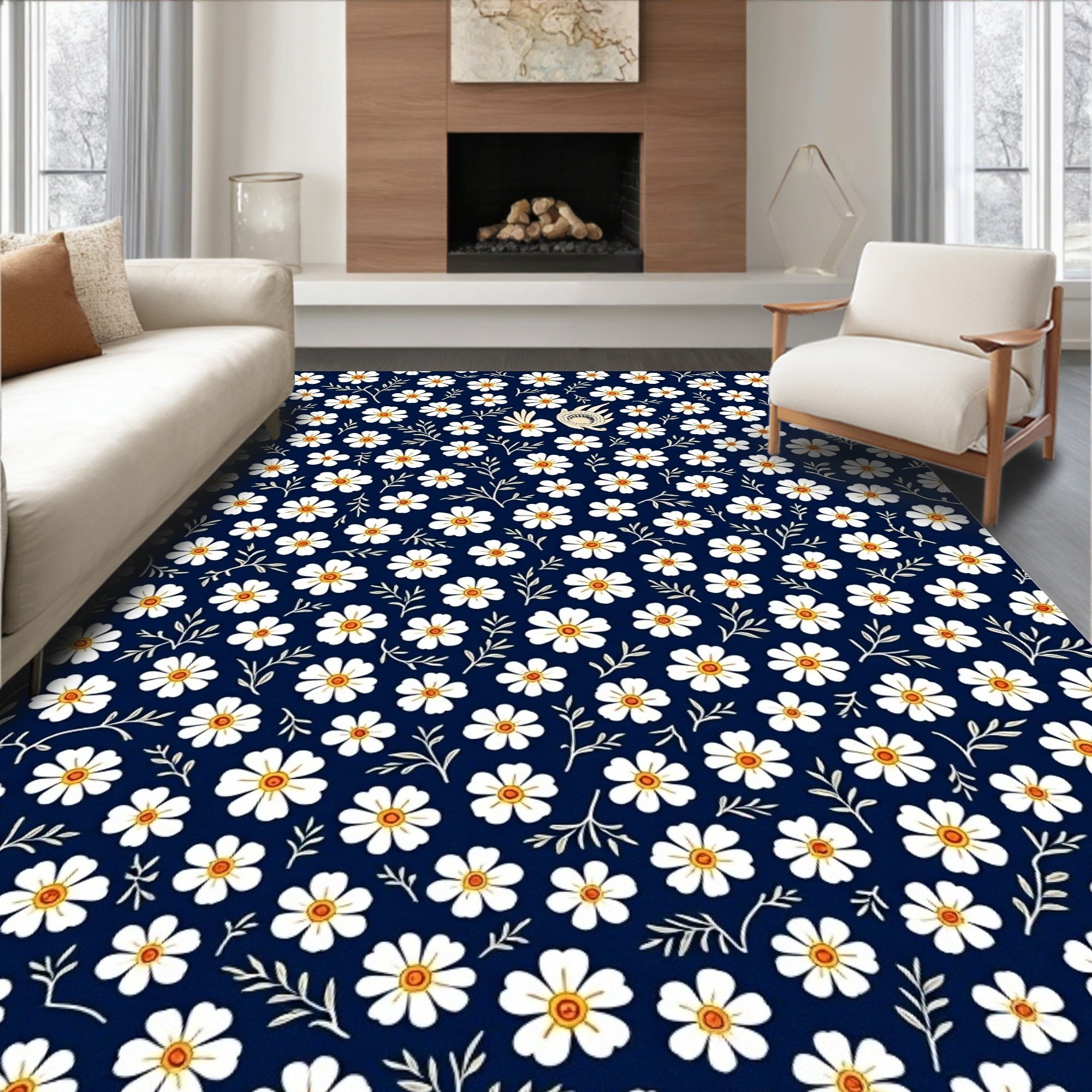 Field Daisy Pattern Navy Rug