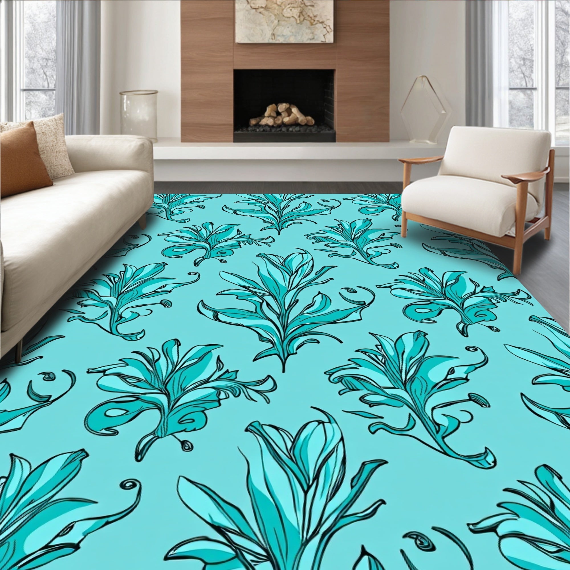 Aqua Floral Line Art Pattern Rug