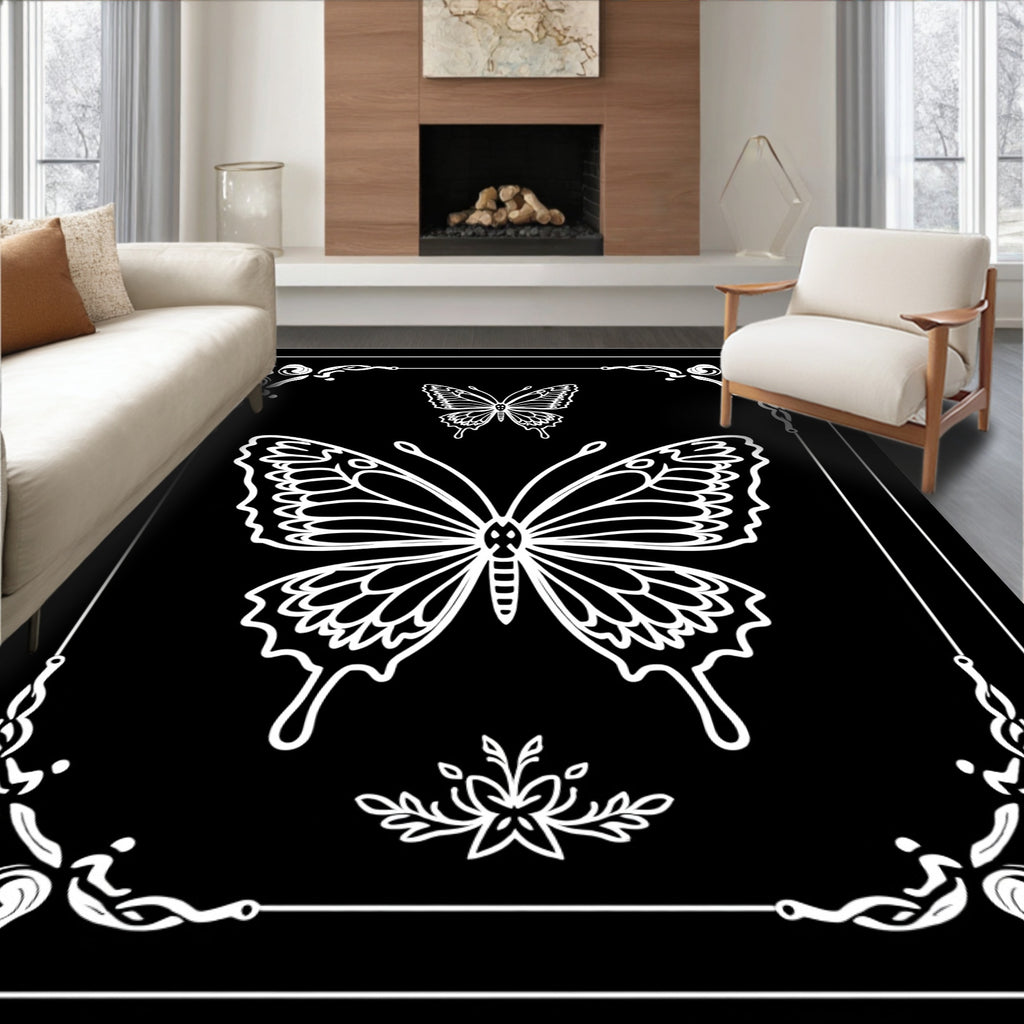Classic Black White Butterfly Artistry Rug