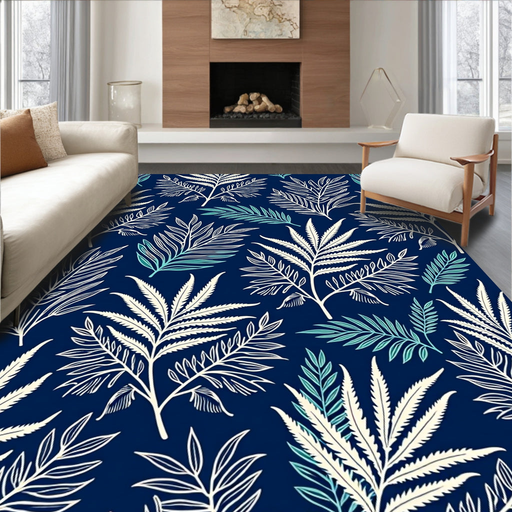 Navy Blue White Tropical Leaf Pattern Rug