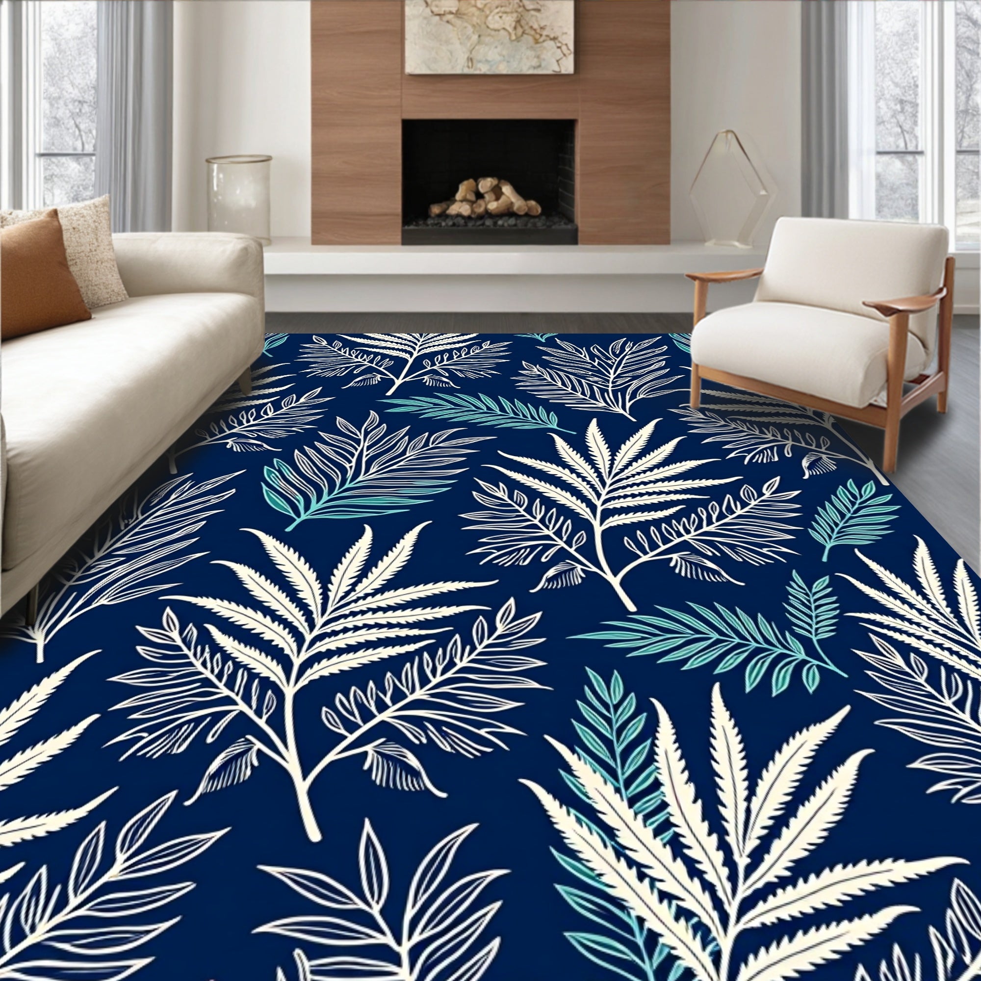 Navy Blue White Tropical Leaf Pattern Rug