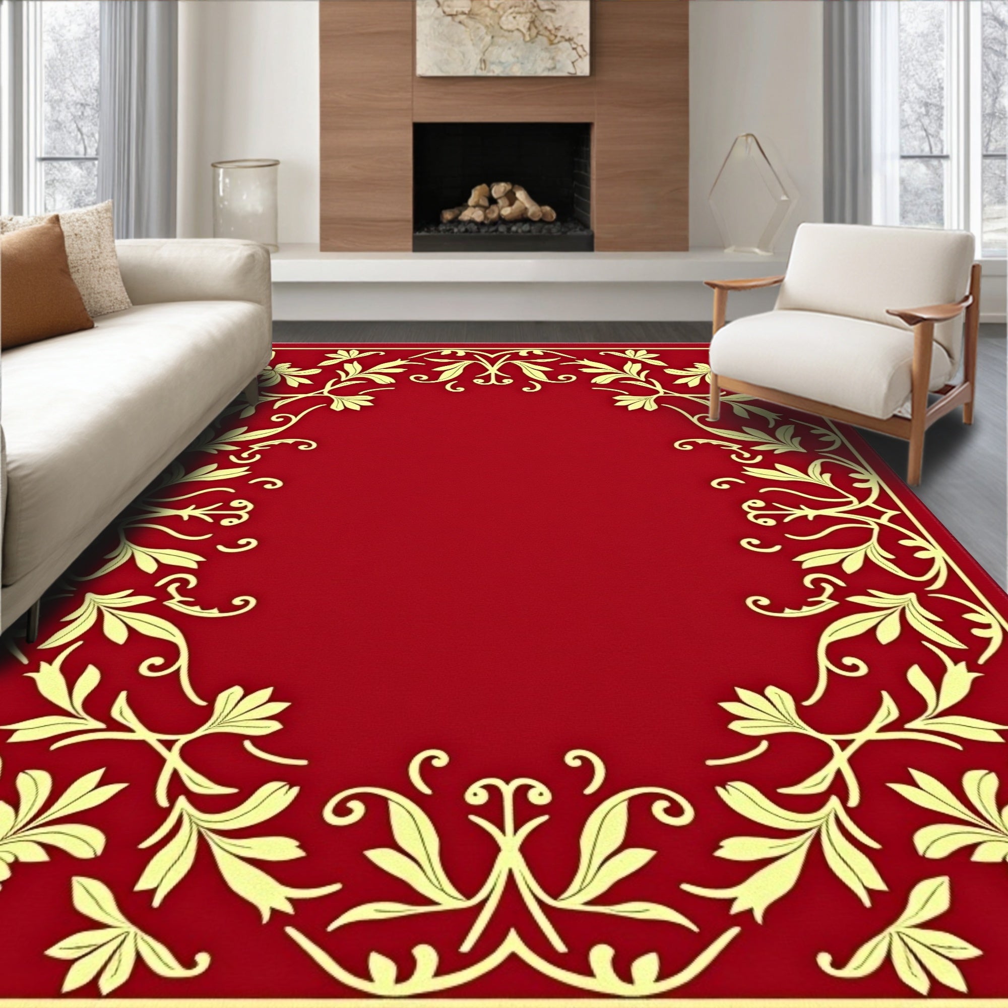 Crimson Floral Scroll Border Design Rug