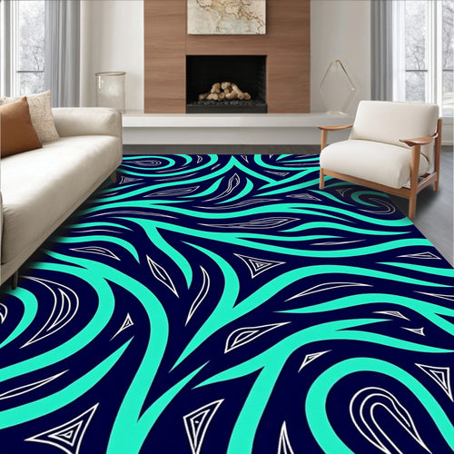 Abstract Flowing Teal Navy Pattern Rug