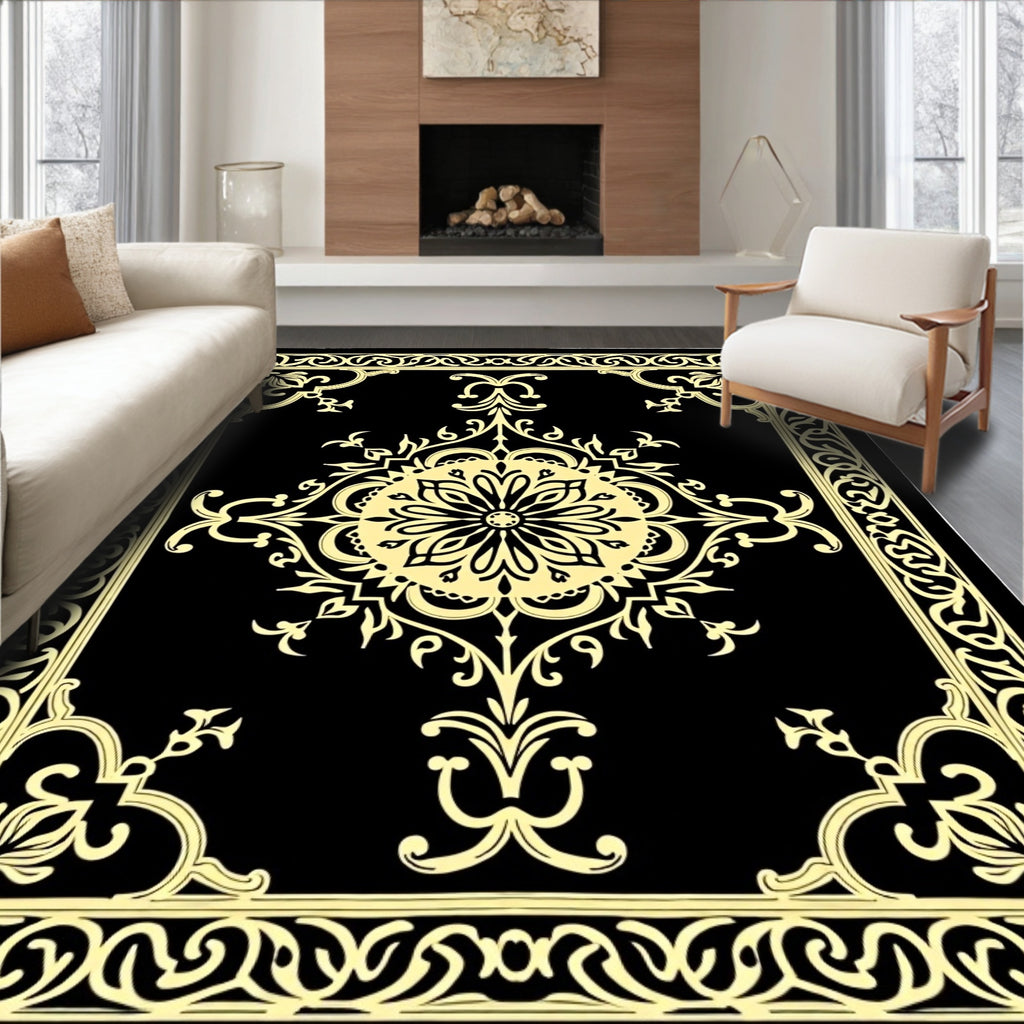 Black Gold Floral Scrollwork Medallion Rug