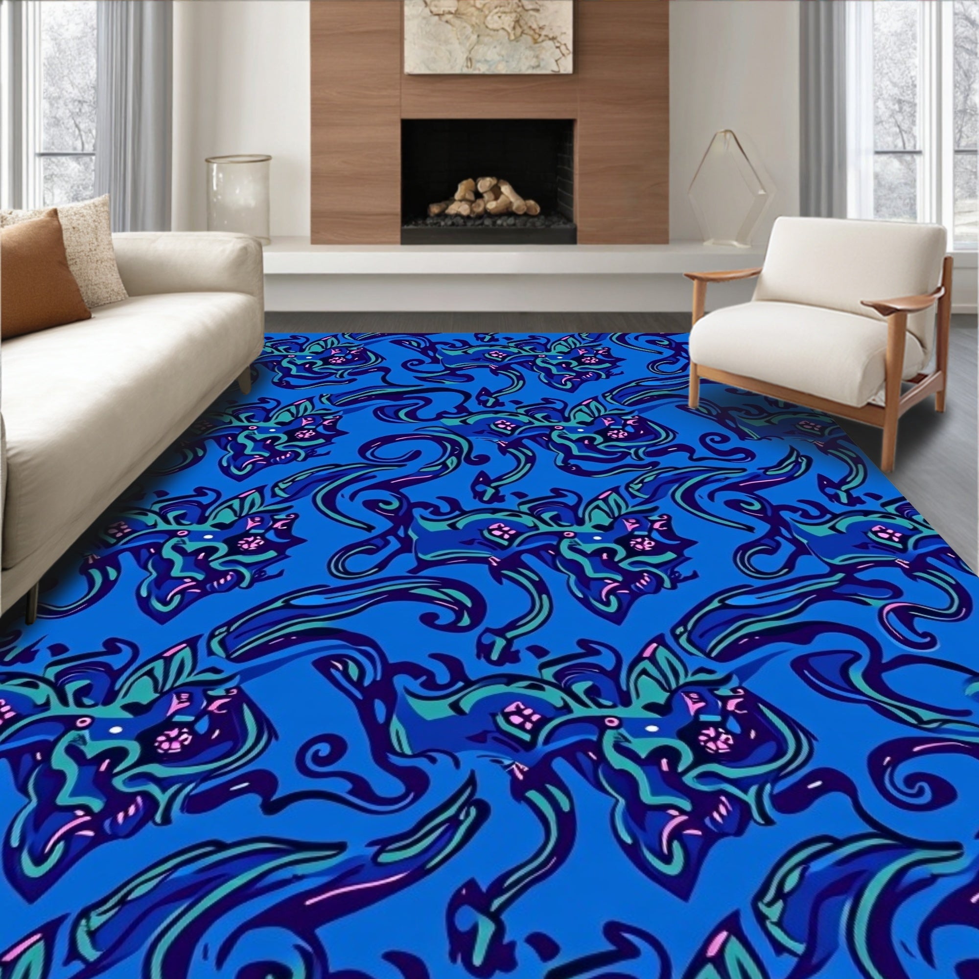 Vibrant Blue Whimsical Creature Pattern Rug