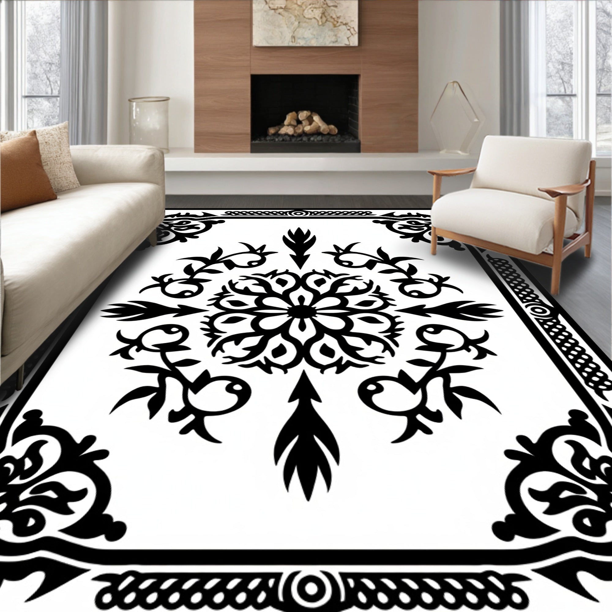 Intricate Floral Bordered Black Rug