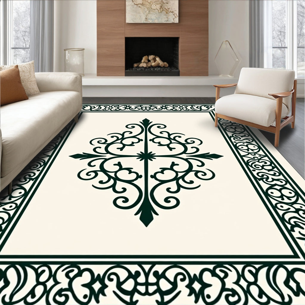 Elegant Dark Green Scroll Pattern Rug