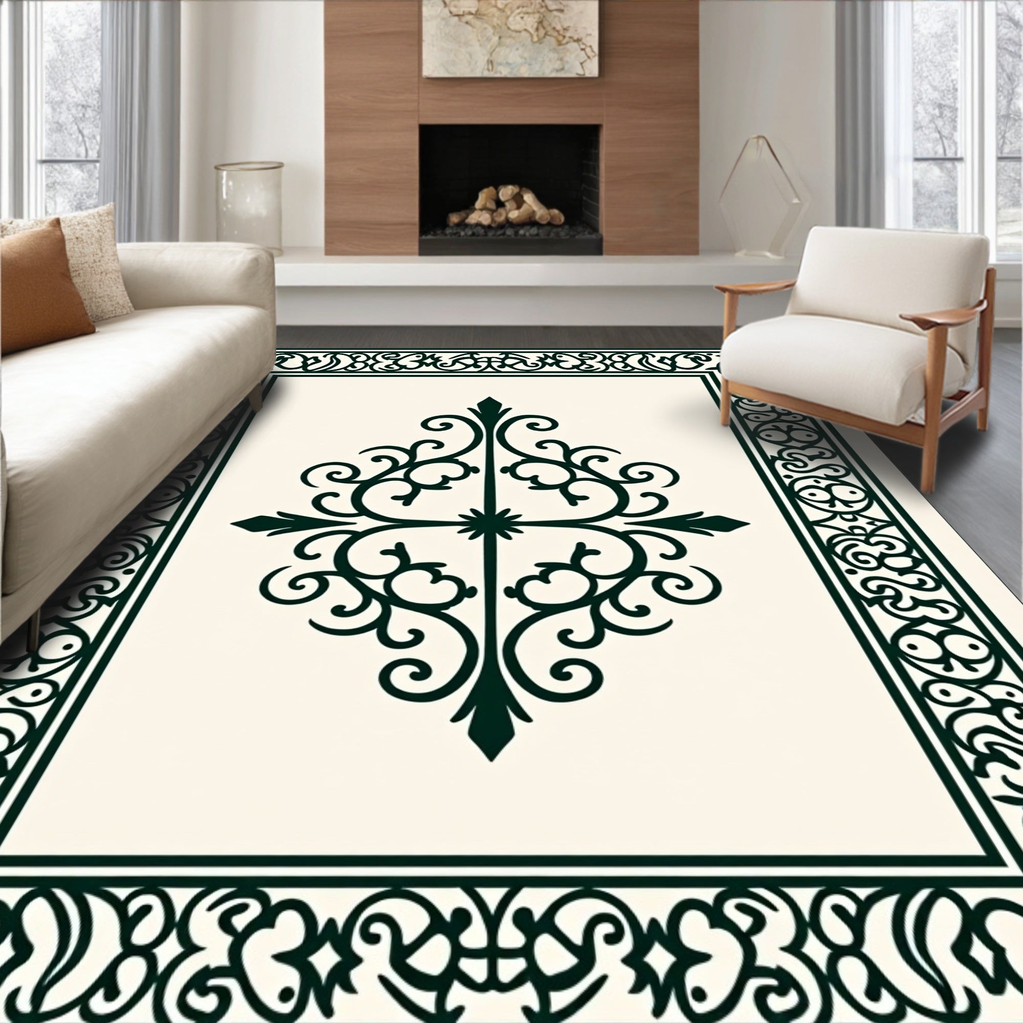 Elegant Dark Green Scroll Pattern Rug