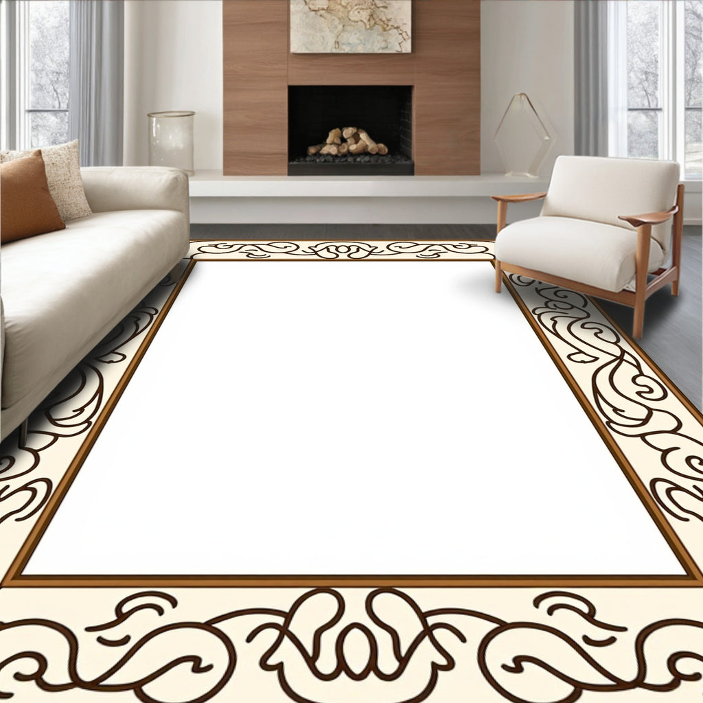 Elegant Cream Brown Scrollwork Border Rug